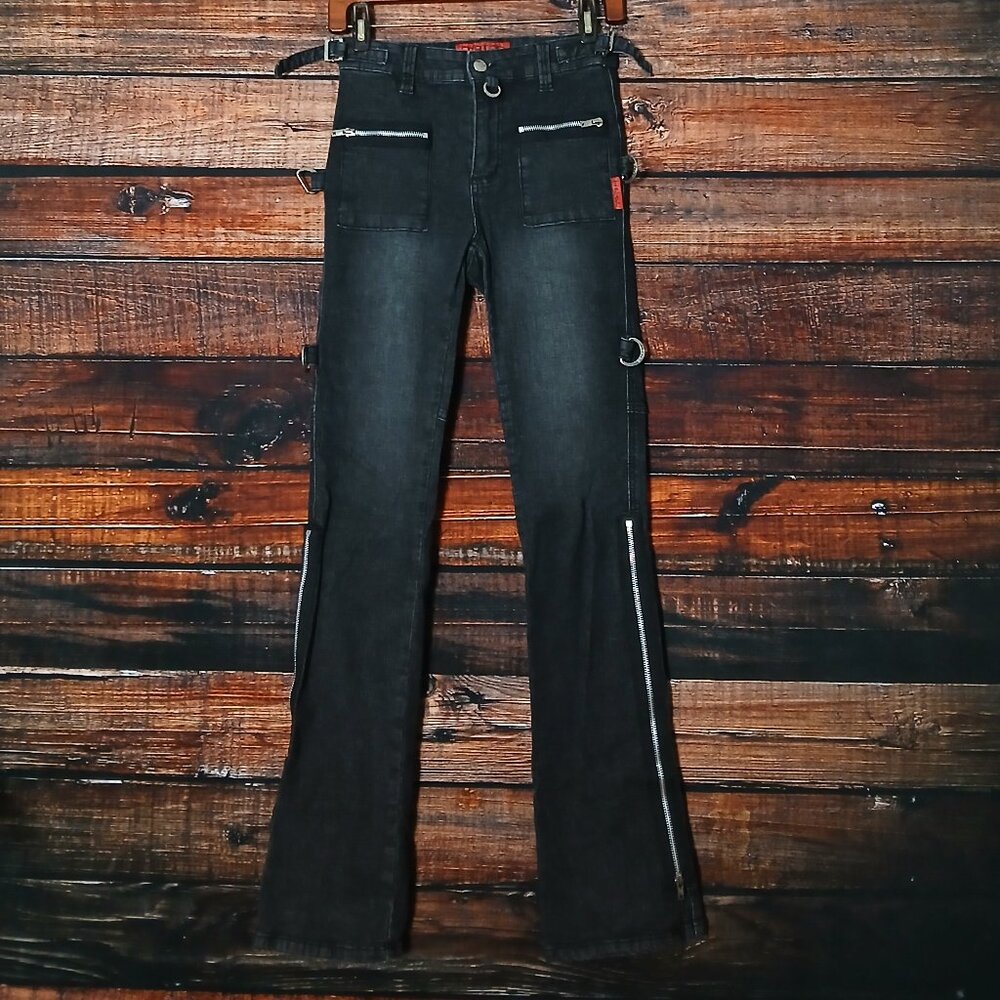 TRIPP NYC Daang Goodman Jeans 25 Night Rider Black Denim Zipper Buckle Stretch - Picture 3 of 10